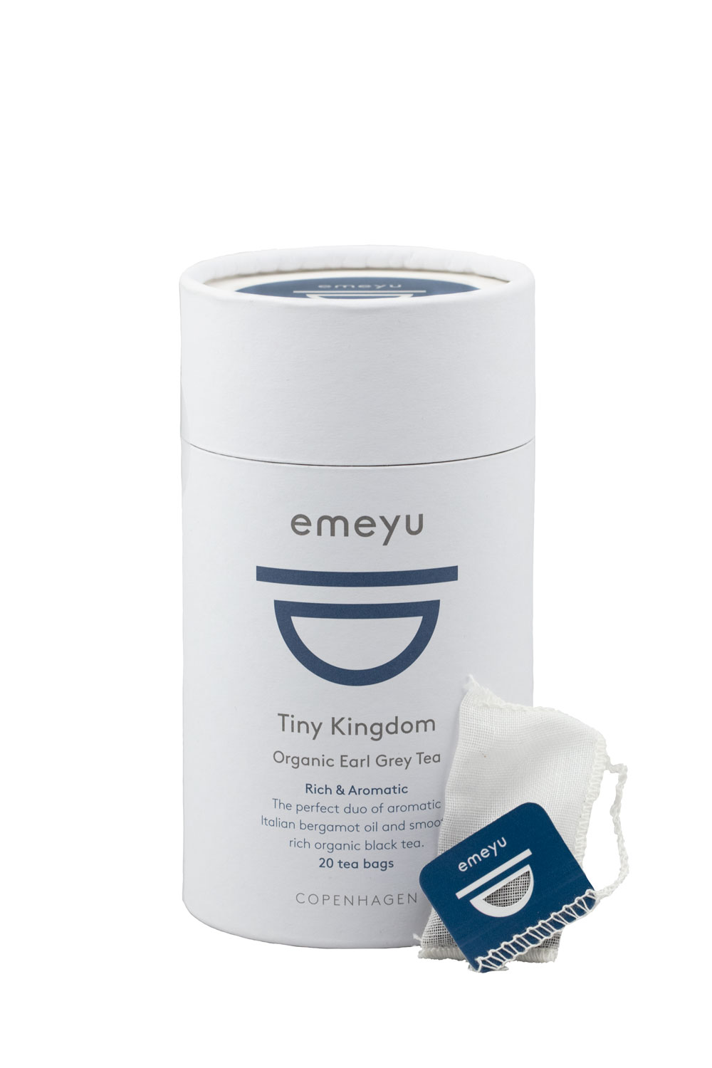 Tiny Kingdom organic Earl Grey tea in cotton and microplastic-free teabags and sustainable packaging.